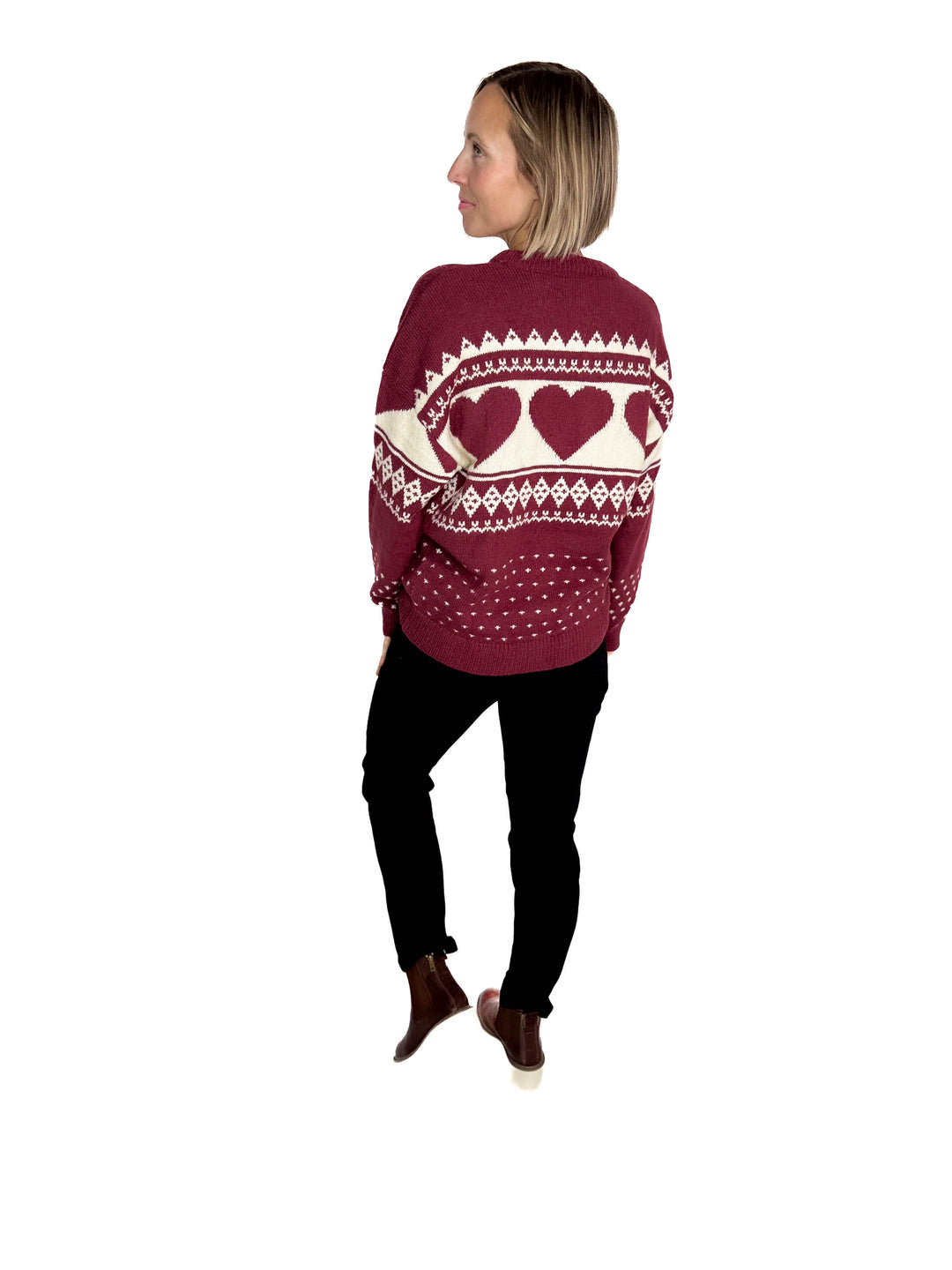 Heart Song Crew Neck Sweater- BURGUNDY/CREAM