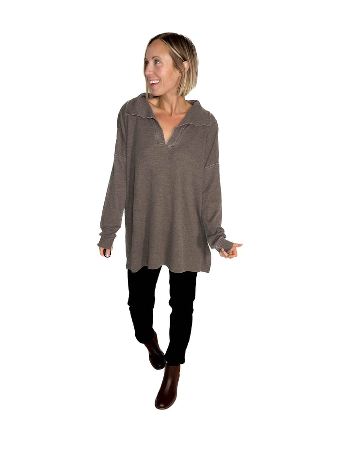 MONO B Arlen Cotton Blend Waffle Knit Oversized Collard Long Sleeve- ESPRESSO
