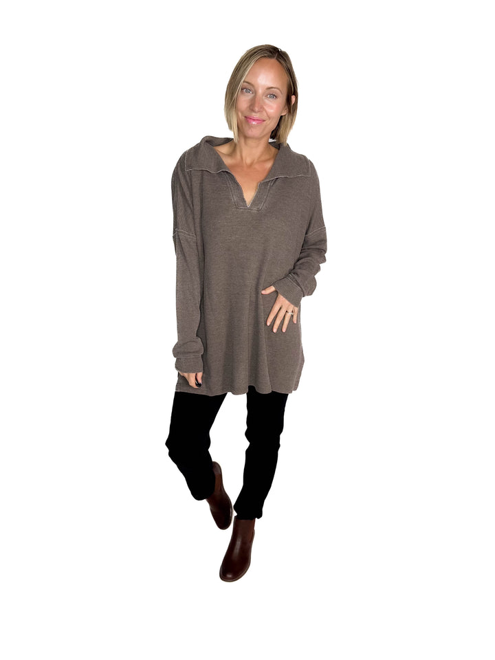 MONO B Arlen Cotton Blend Waffle Knit Oversized Collard Long Sleeve- ESPRESSO