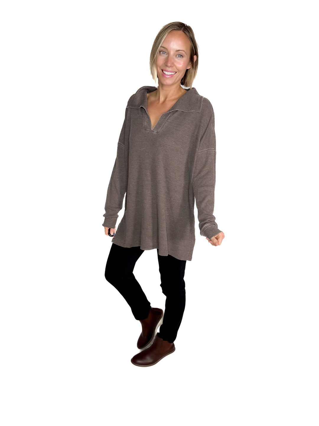 MONO B Arlen Cotton Blend Waffle Knit Oversized Collard Long Sleeve- ESPRESSO