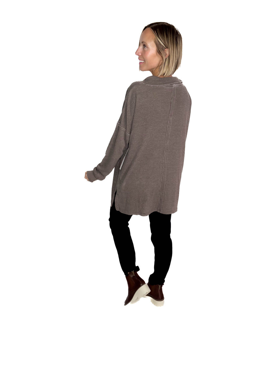 MONO B Arlen Cotton Blend Waffle Knit Oversized Collard Long Sleeve- ESPRESSO