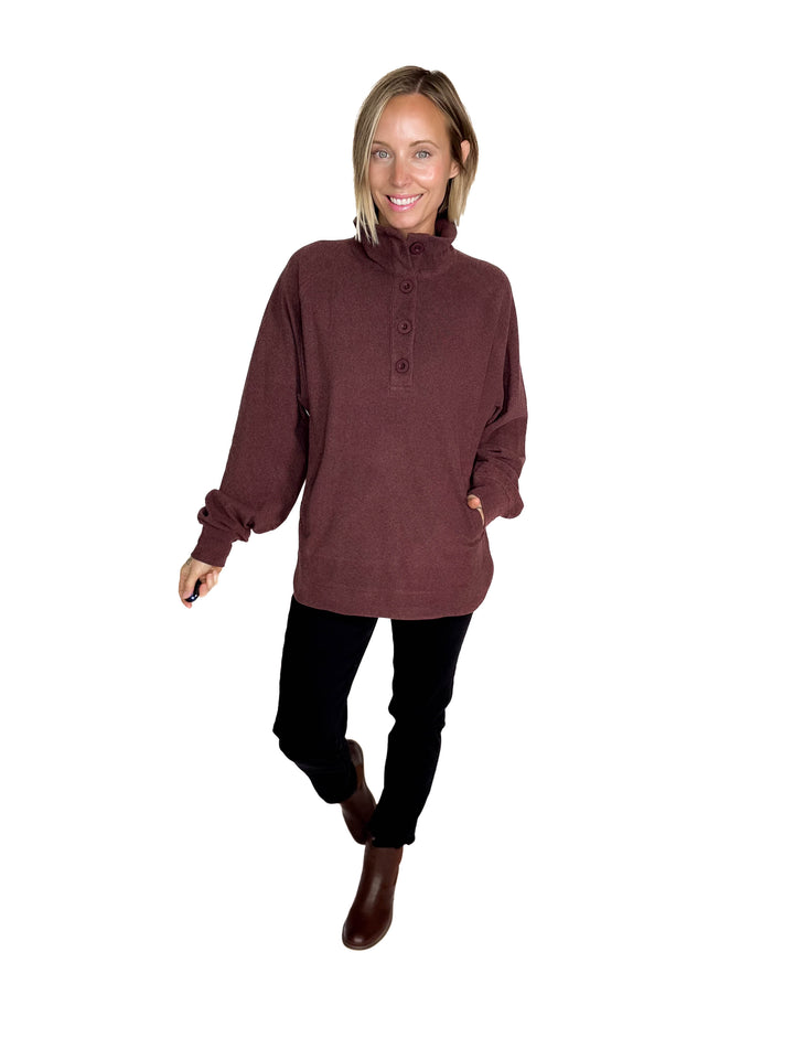Rove Rib Brush Mock Neck Pullover- DARK CHERRY