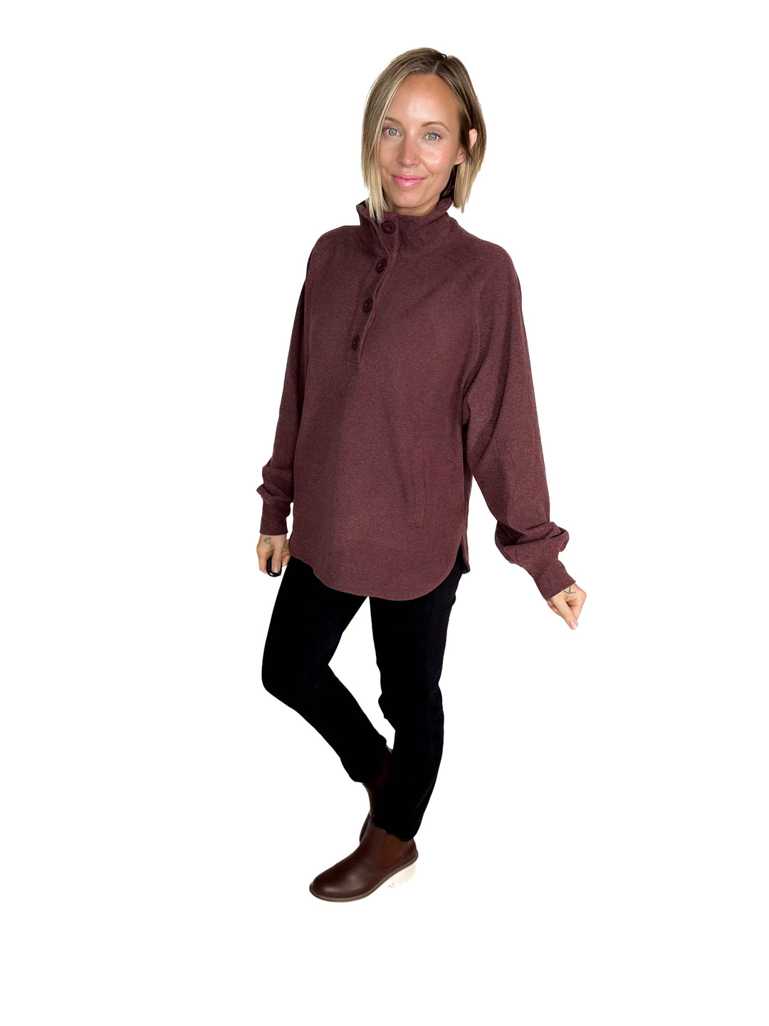 Rove Rib Brush Mock Neck Pullover- DARK CHERRY