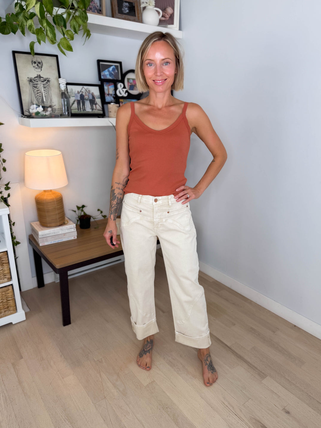 Saige Mapella Western Barrel High Rise Jeans- BEIGE