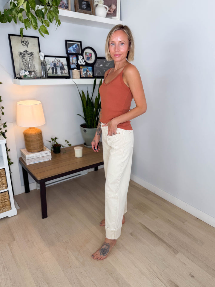 Saige Mapella Western Barrel High Rise Jeans- BEIGE