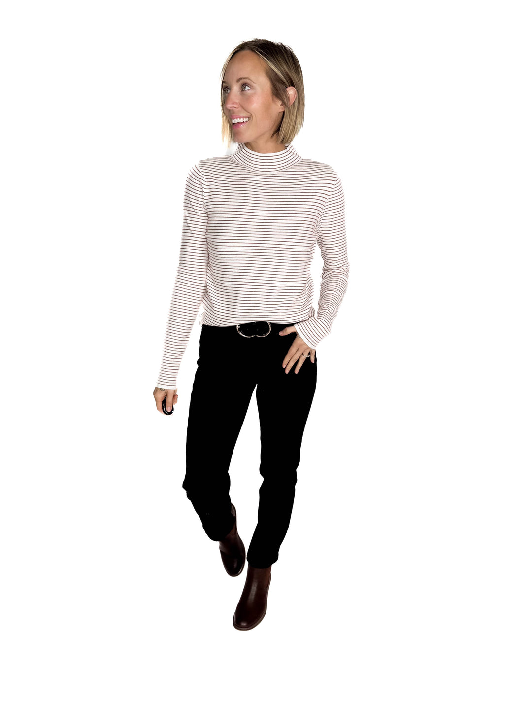 Malena Pinstripes Mock Neck Pullover Sweater- IVORY/COPPER-FINAL SALE