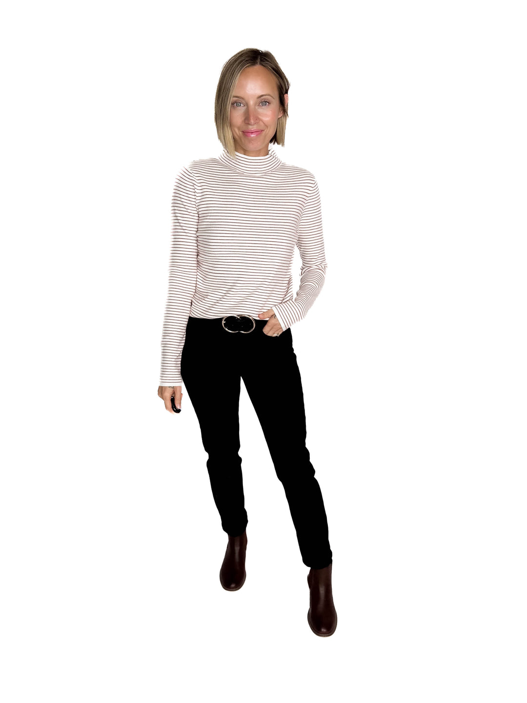 Malena Pinstripes Mock Neck Pullover Sweater- IVORY/COPPER-FINAL SALE