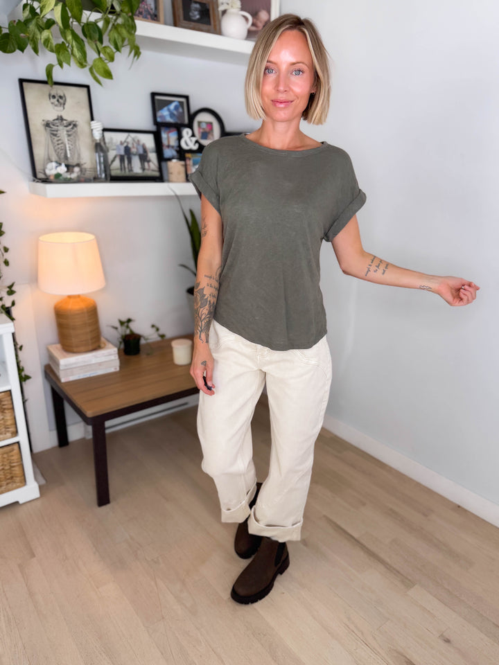 Glowelle Cuff Sleeve Round Neck Tee- OLIVE