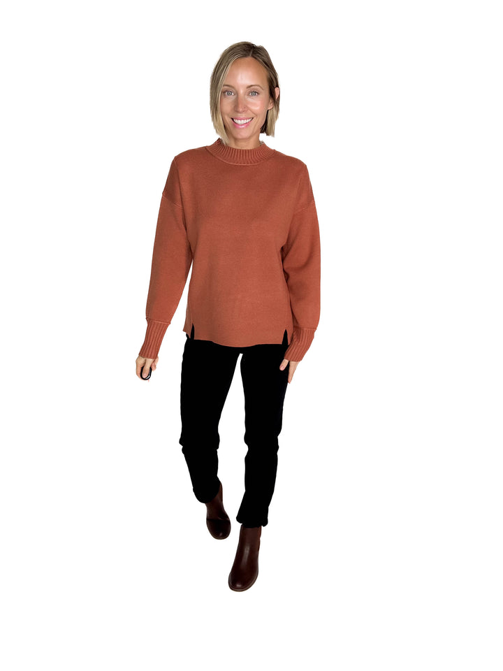Kyra Mock Neck Long Sleeve Pullover With Side Slits- COPPER
