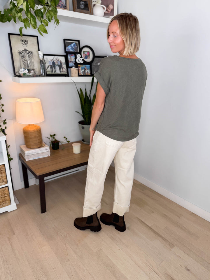 Glowelle Cuff Sleeve Round Neck Tee- OLIVE