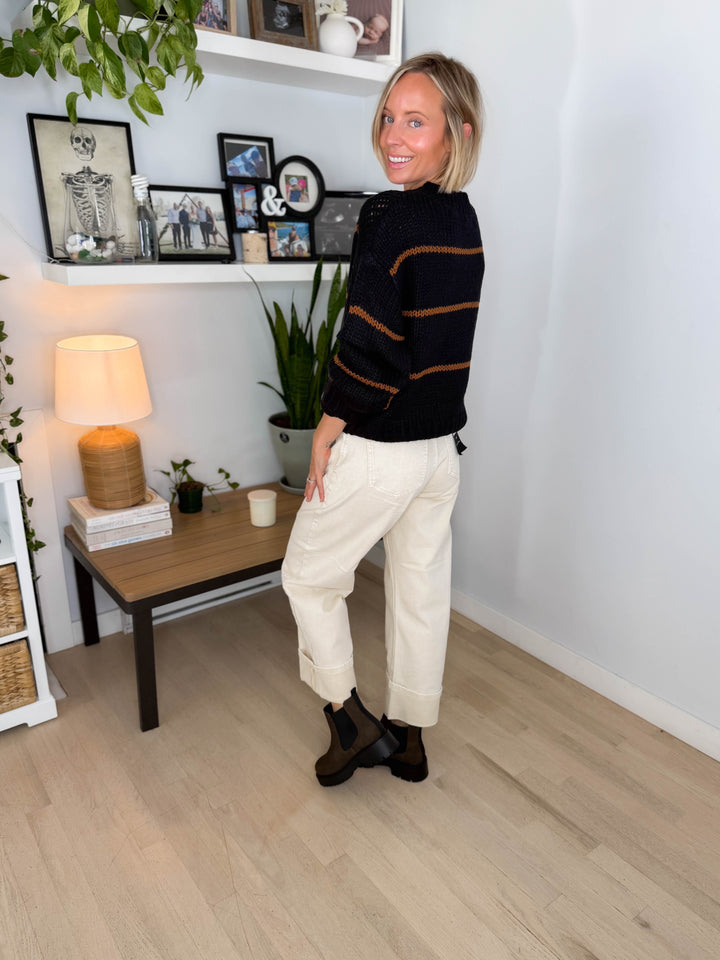 Julissa Button Down Striped Cardigan- BLACK