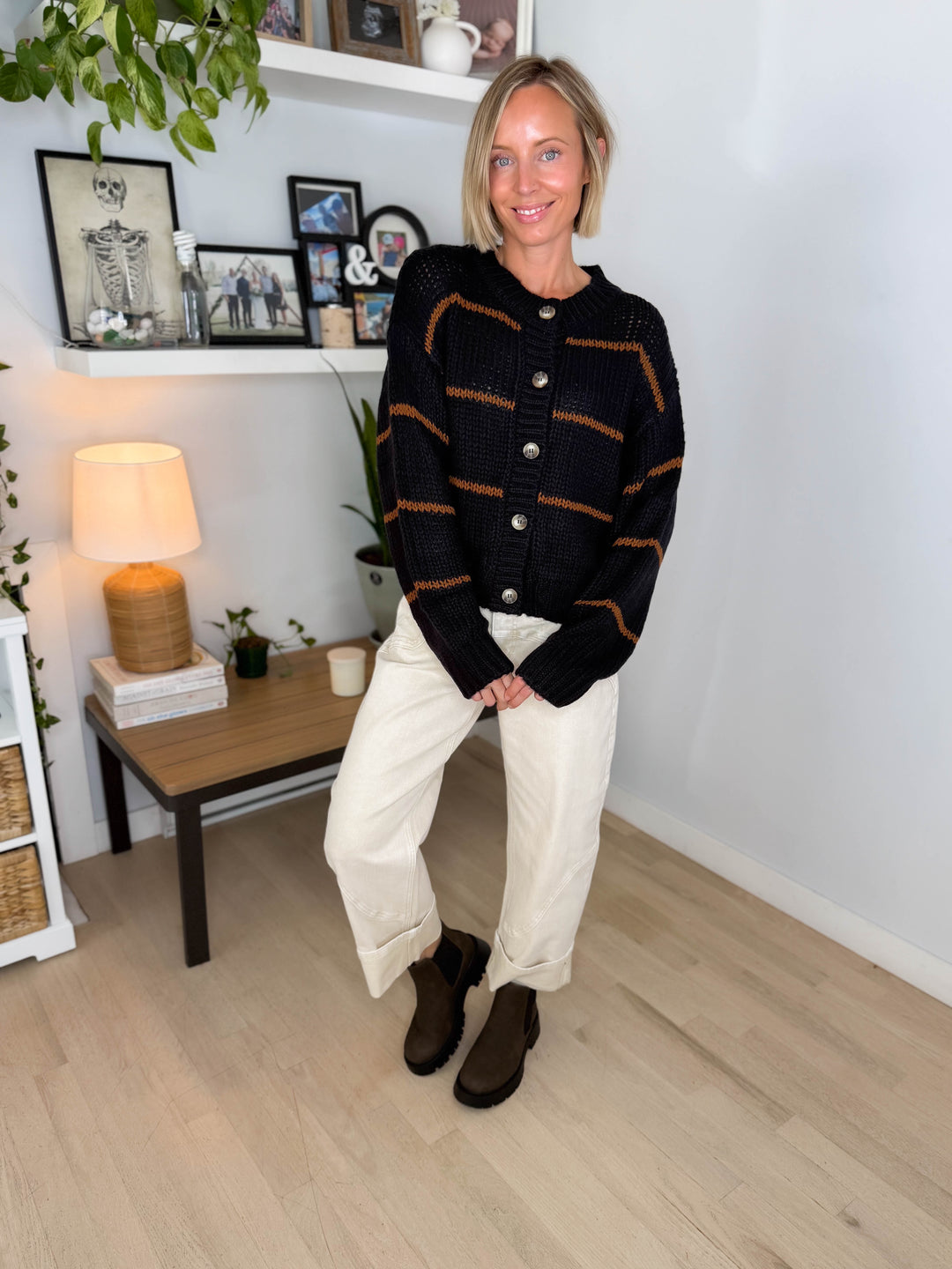 Julissa Button Down Striped Cardigan- BLACK