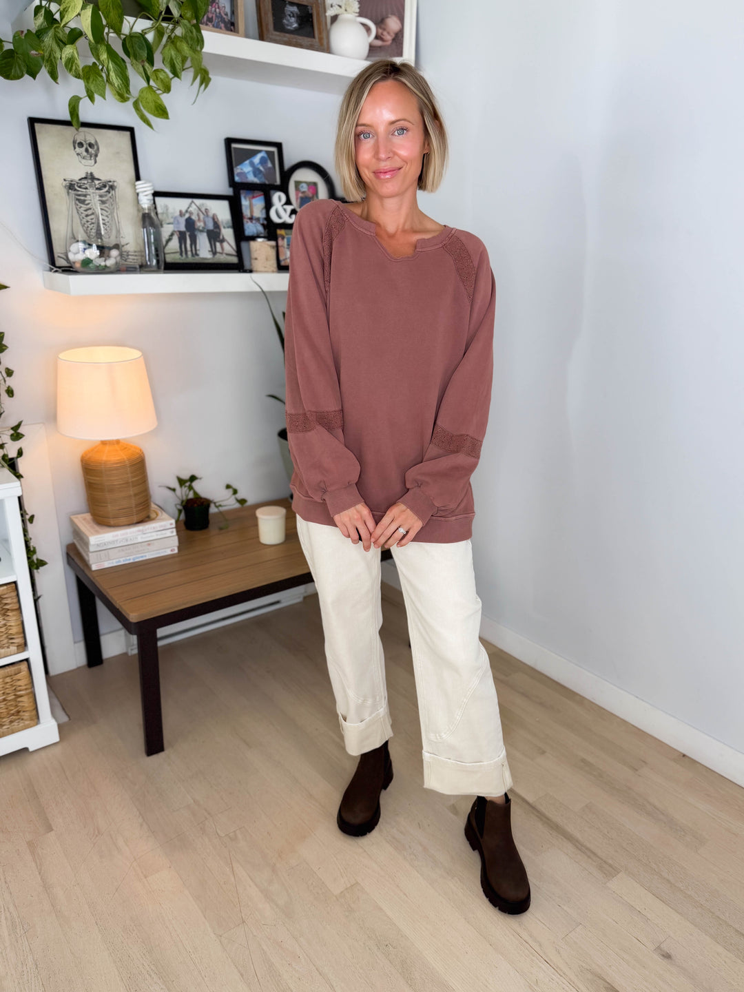 Irini Lace Accent Vintage Washed Pullover- BROWN