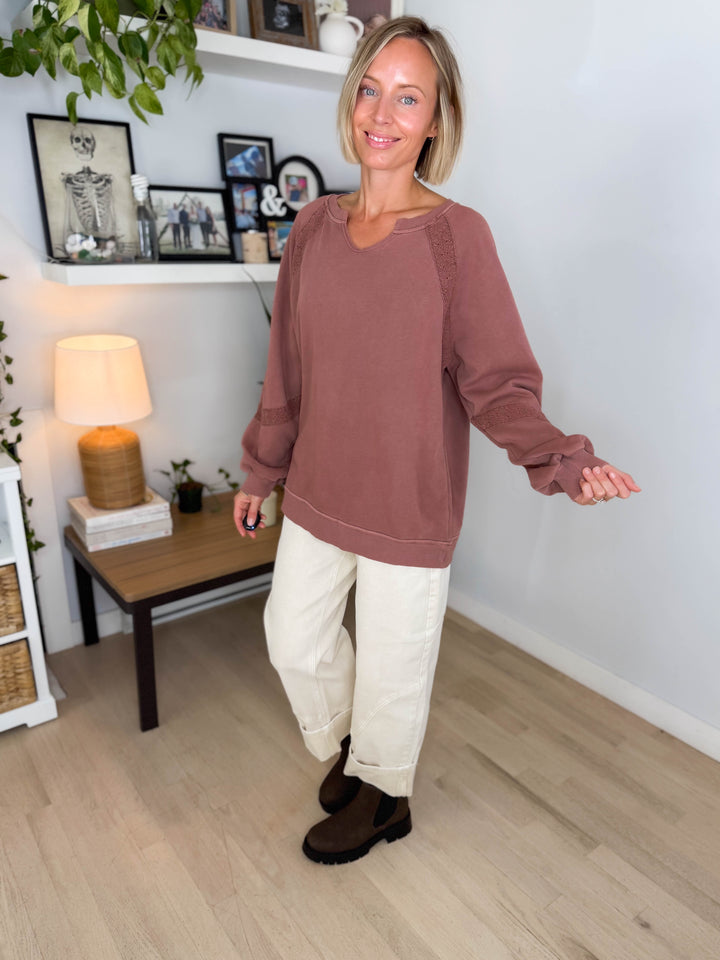 Irini Lace Accent Vintage Washed Pullover- BROWN