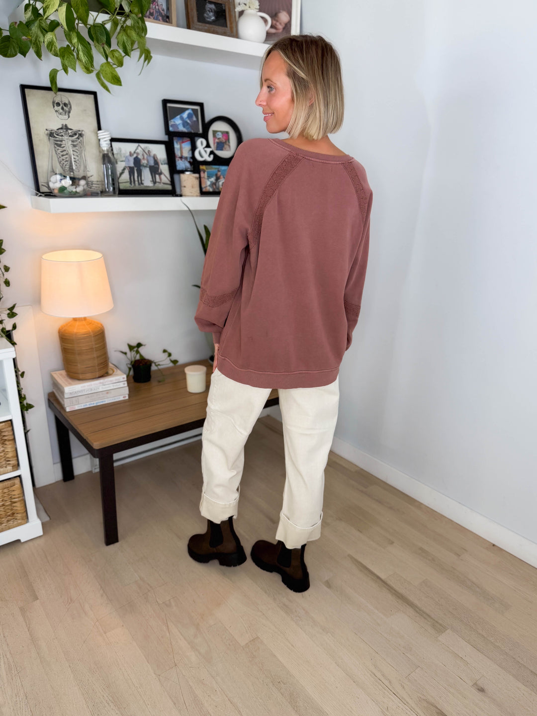 Irini Lace Accent Vintage Washed Pullover- BROWN