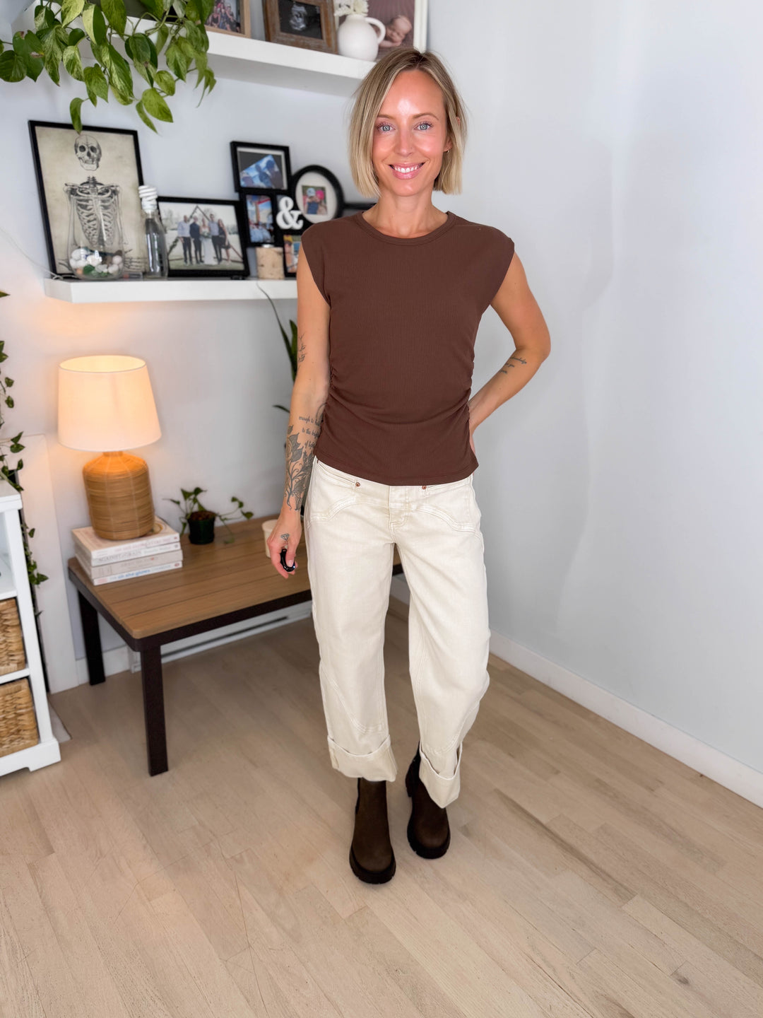 Foxvale Terry Rib Side Ruched Muscle Top- BROWN