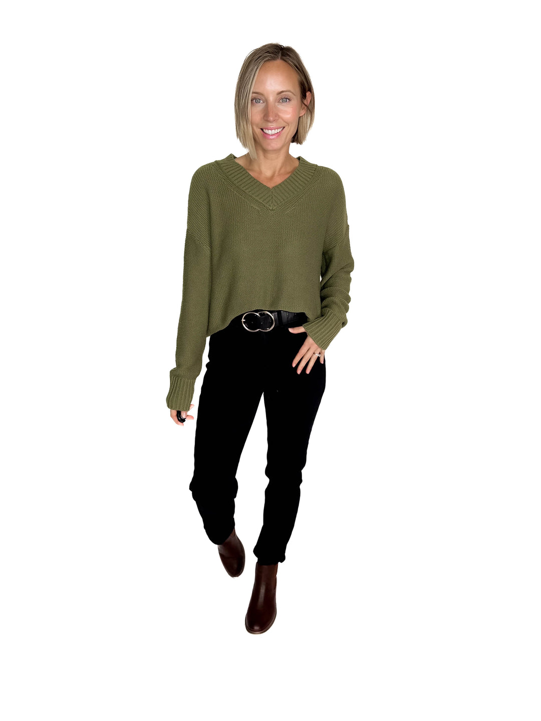 Vienna V-Neck Sweater- OLIVE-FINAL SALE