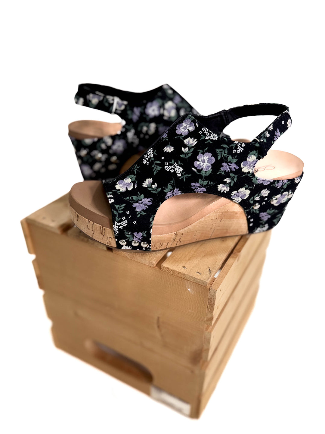 CORKYS Carley Comfort Wedge Sandal- BLACK FLORAL-FINAL SALE