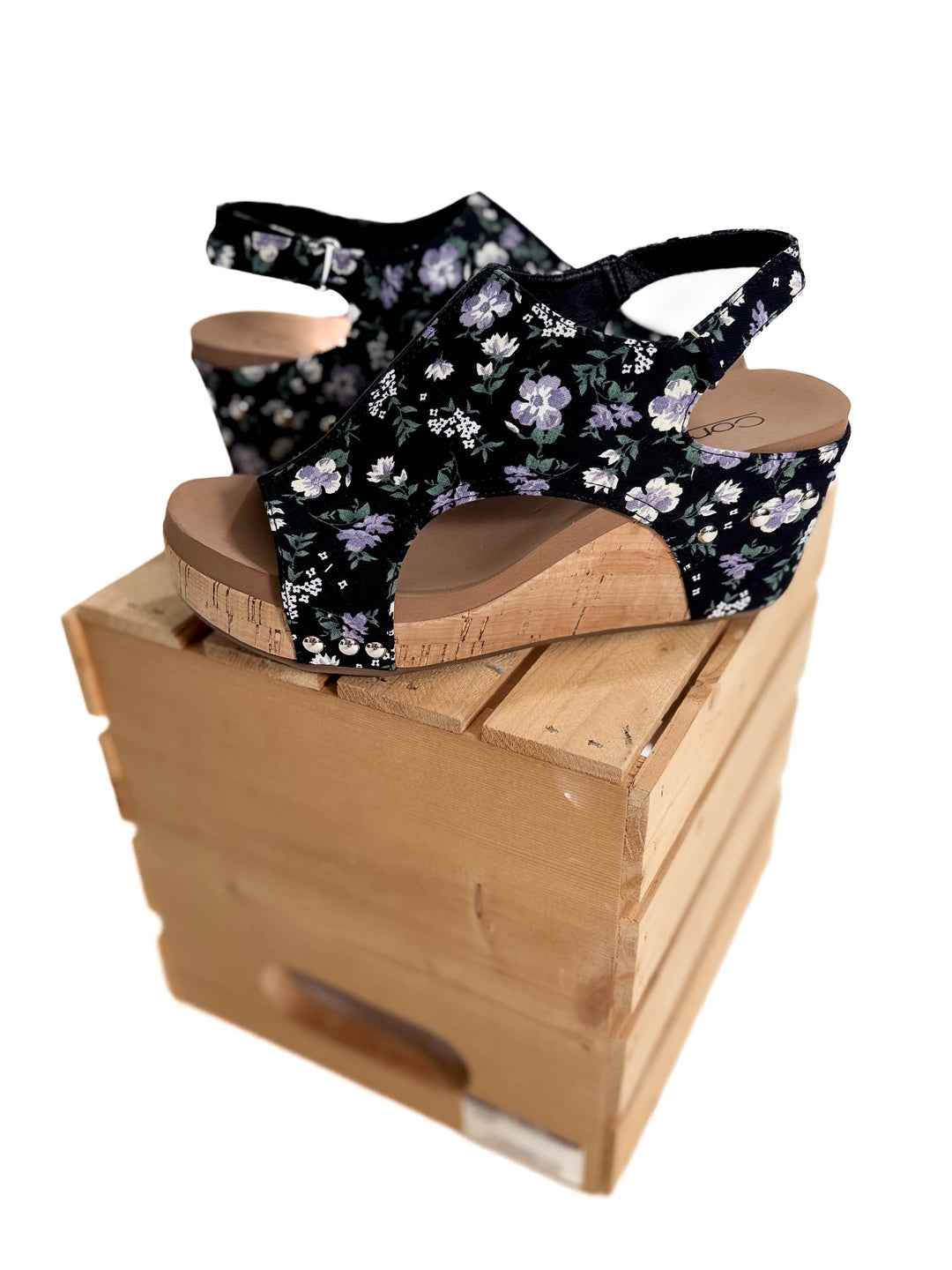 CORKYS Carley Comfort Wedge Sandal- BLACK FLORAL-FINAL SALE