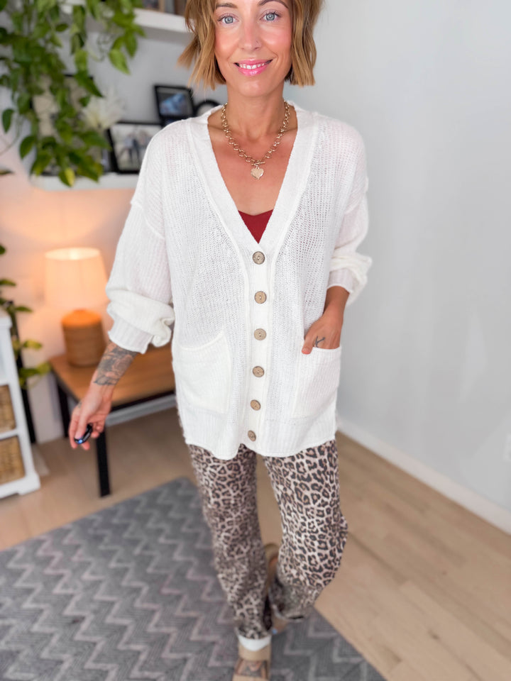 Nessa Button Down Cable Knit Cardigan- IVORY
