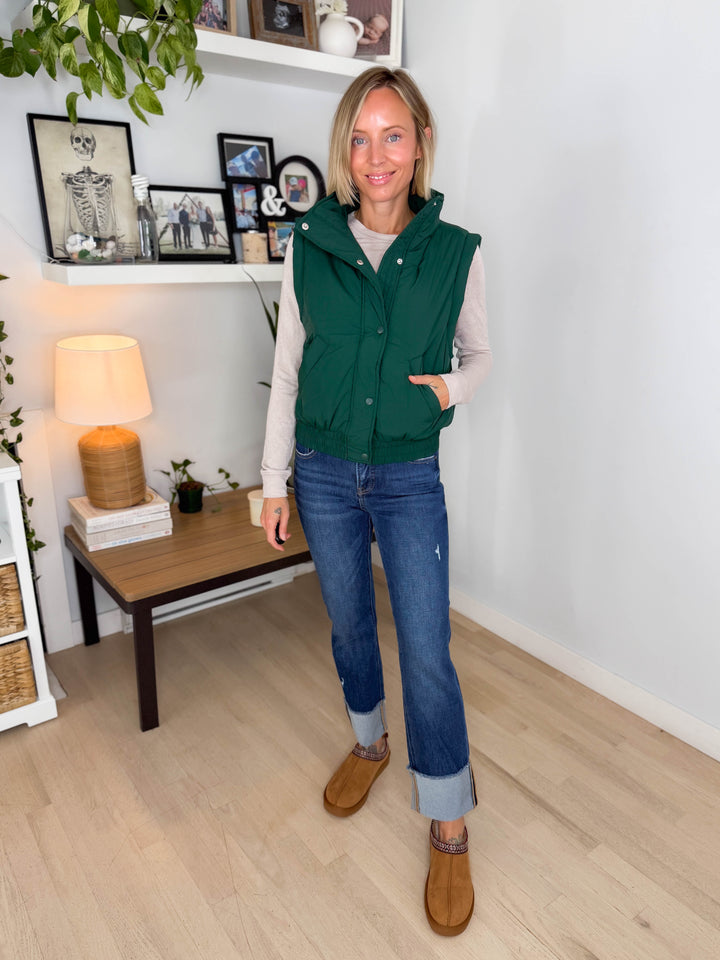 Eclipse Mock Neck Puffer Vest- HUNTER GREEN