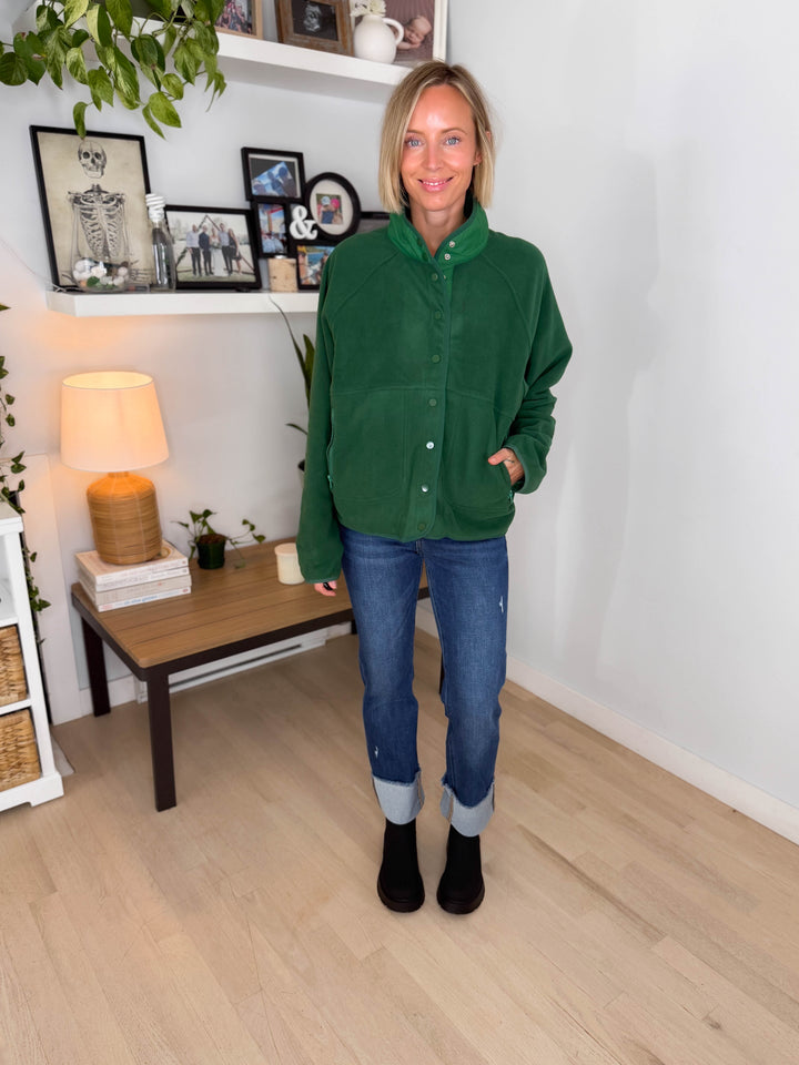 Janelle Snap Button Fleece Jacket- DARK GREEN