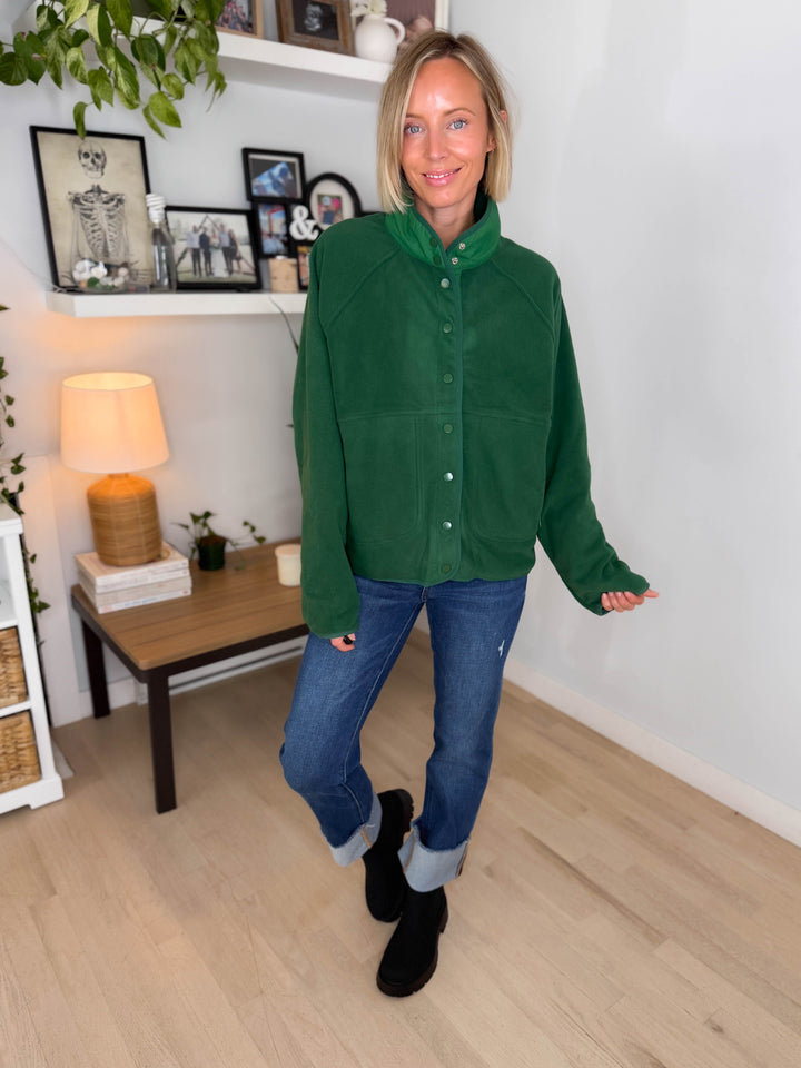 Janelle Snap Button Fleece Jacket- DARK GREEN