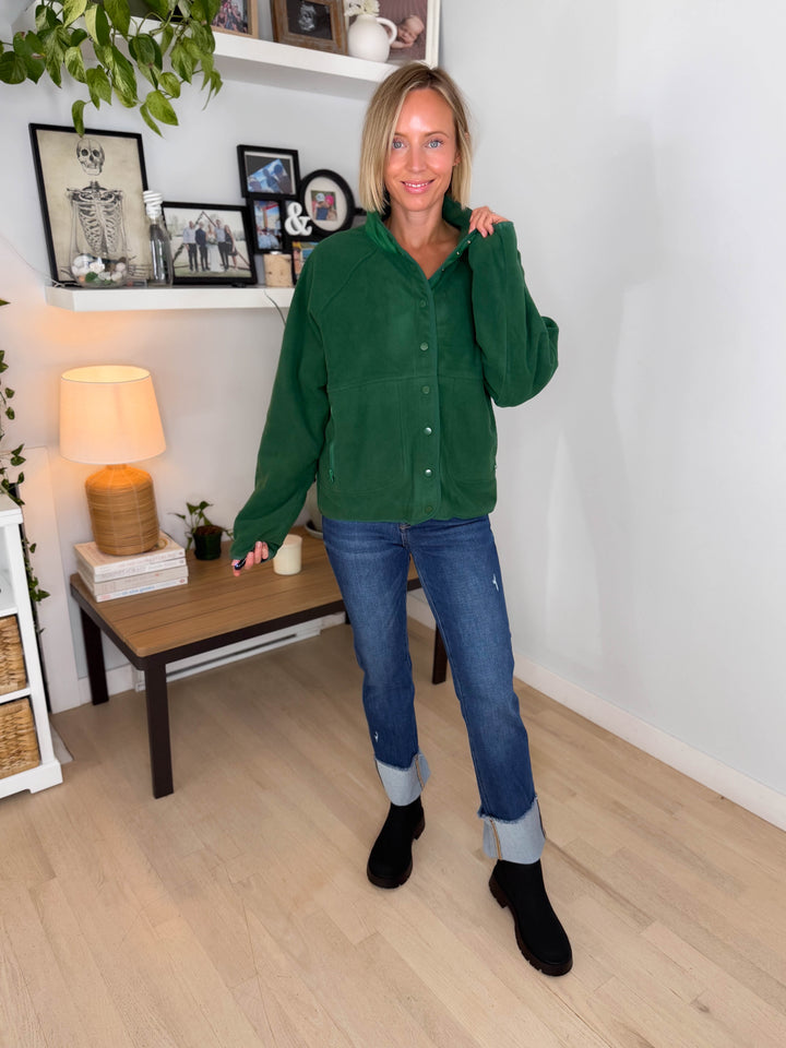 Janelle Snap Button Fleece Jacket- DARK GREEN