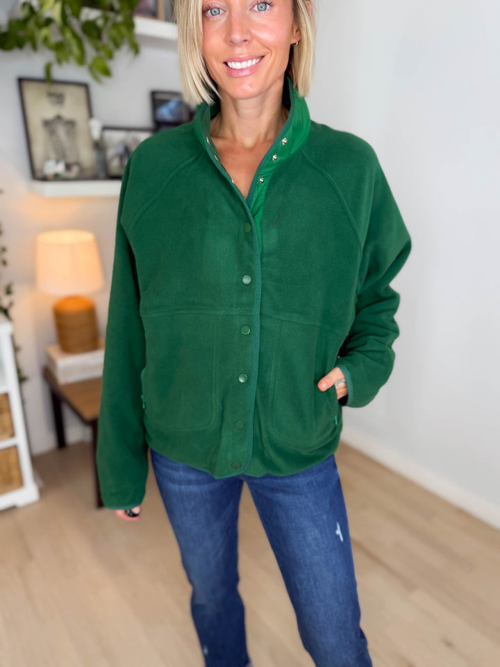 Janelle Snap Button Fleece Jacket- DARK GREEN