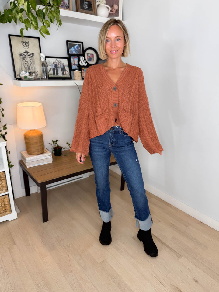 Romelle Cable Knit Button Cardigan- CAFE