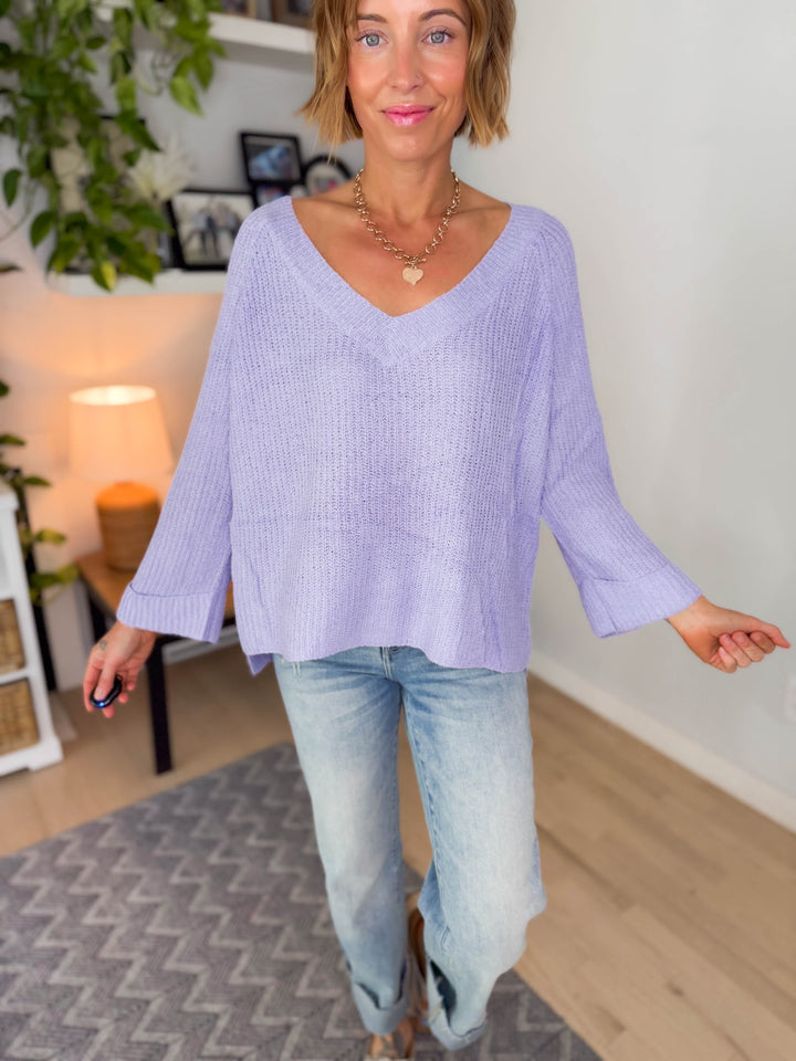 Evara Cuff Sleeve Sweater- PURPLE
