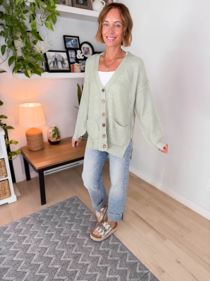 Nessa Button Down Cable Knit Cardigan- SAGE