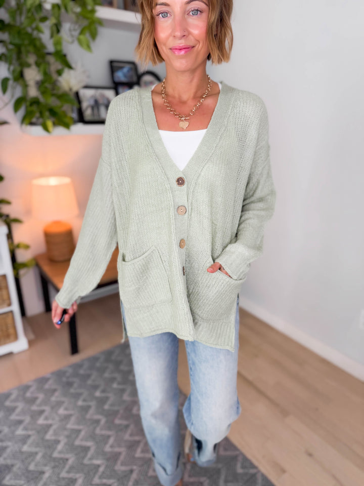 Nessa Button Down Cable Knit Cardigan- SAGE