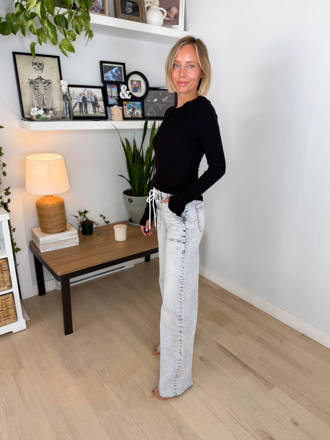 FLYING MONKEY Hazel High Rise Drawstring Wide Leg Jeans- ACID GREY