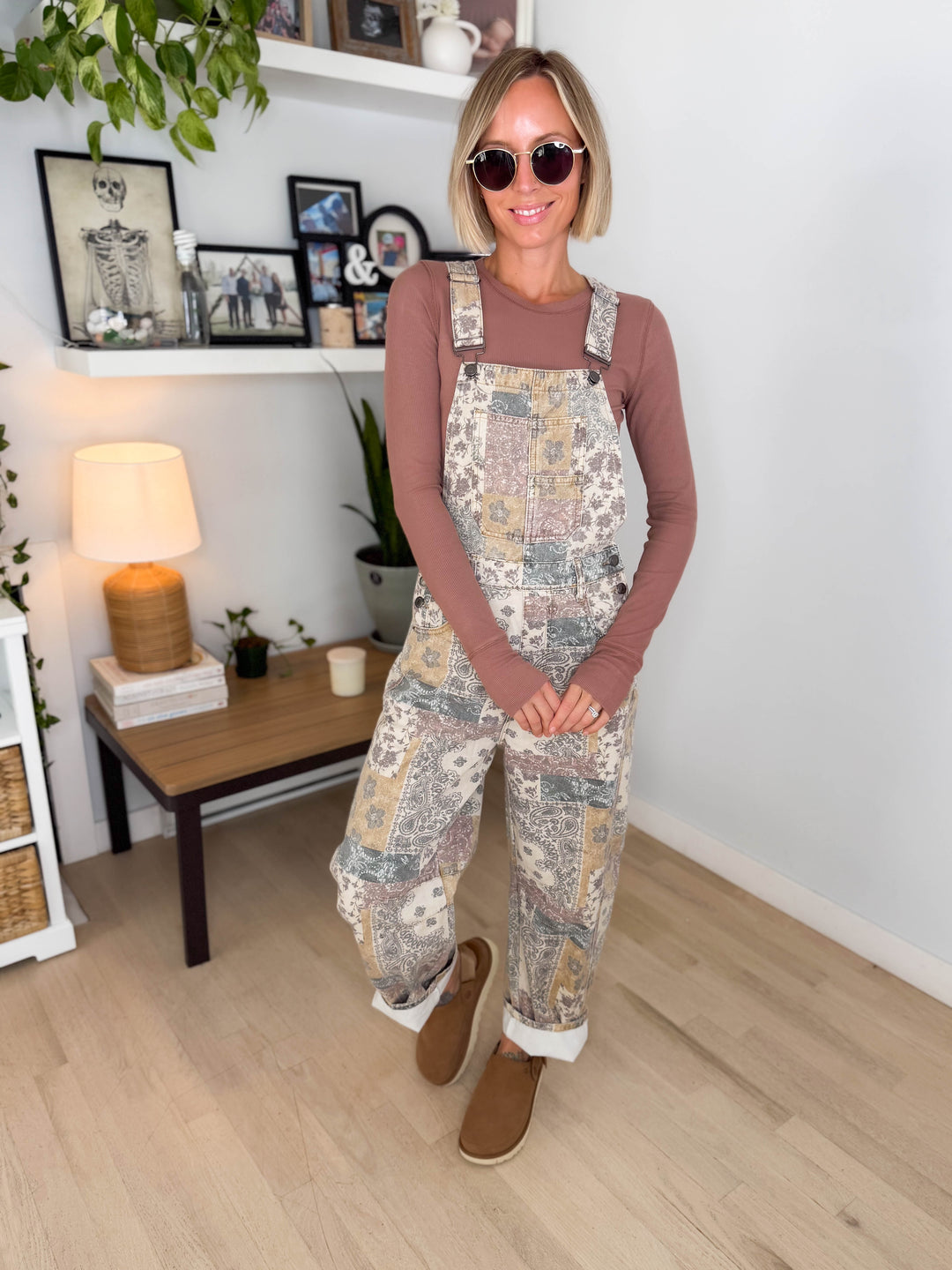 Fleur Vintage Floral Barrel Overalls- TAUPE MULTI