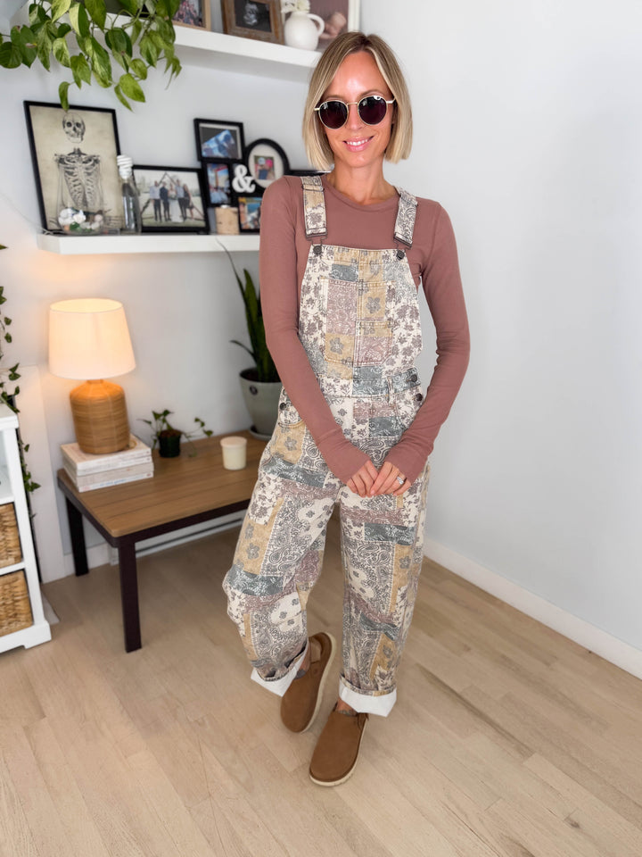 Fleur Vintage Floral Barrel Overalls- TAUPE MULTI