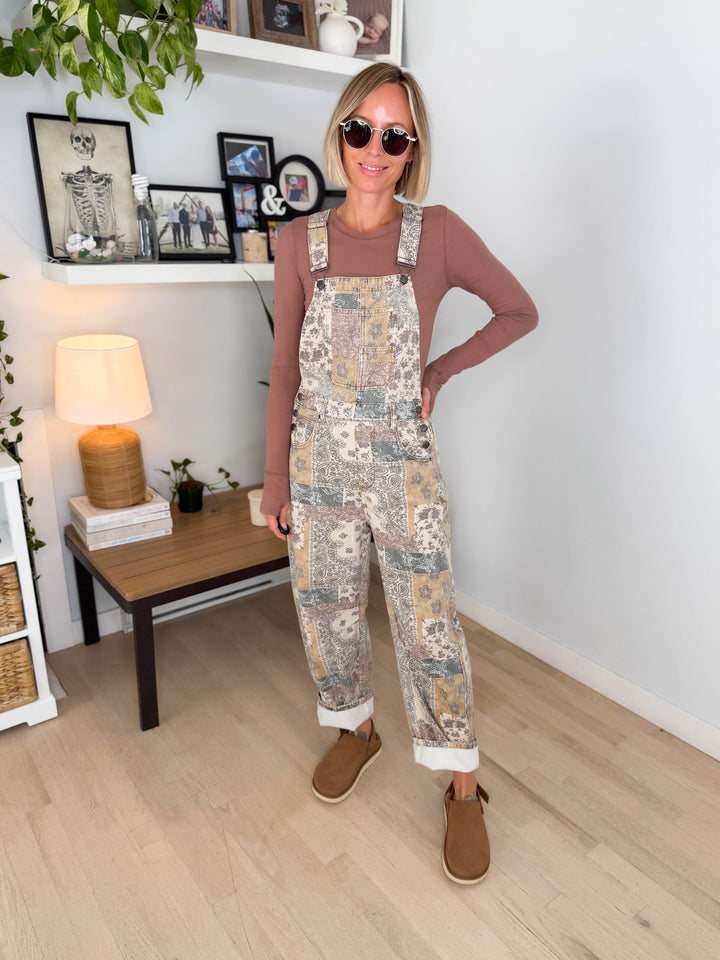 Fleur Vintage Floral Barrel Overalls- TAUPE MULTI