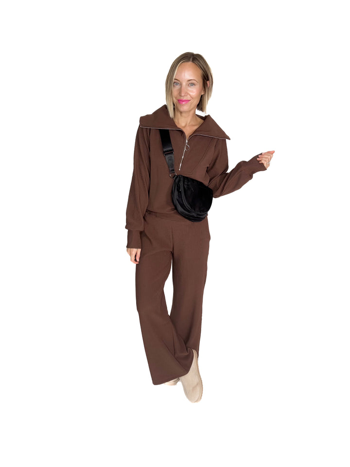 Cider Run Ribbed 1/2 Zip High Neck Set- BROWN-FINAL SALE