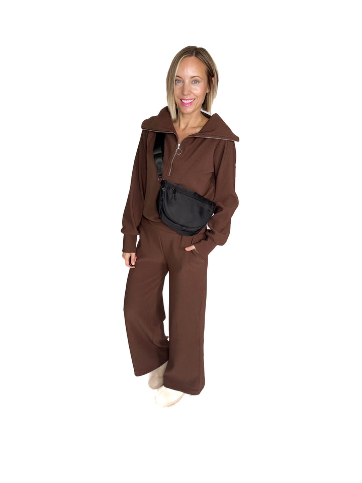 Cider Run Ribbed 1/2 Zip High Neck Set- BROWN-FINAL SALE