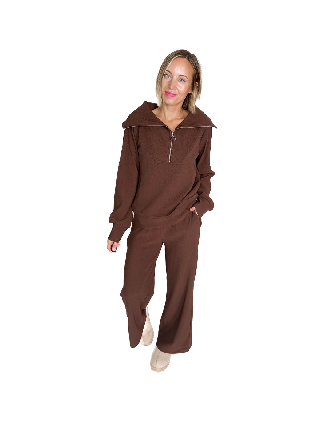 Cider Run Ribbed 1/2 Zip High Neck Set- BROWN-FINAL SALE