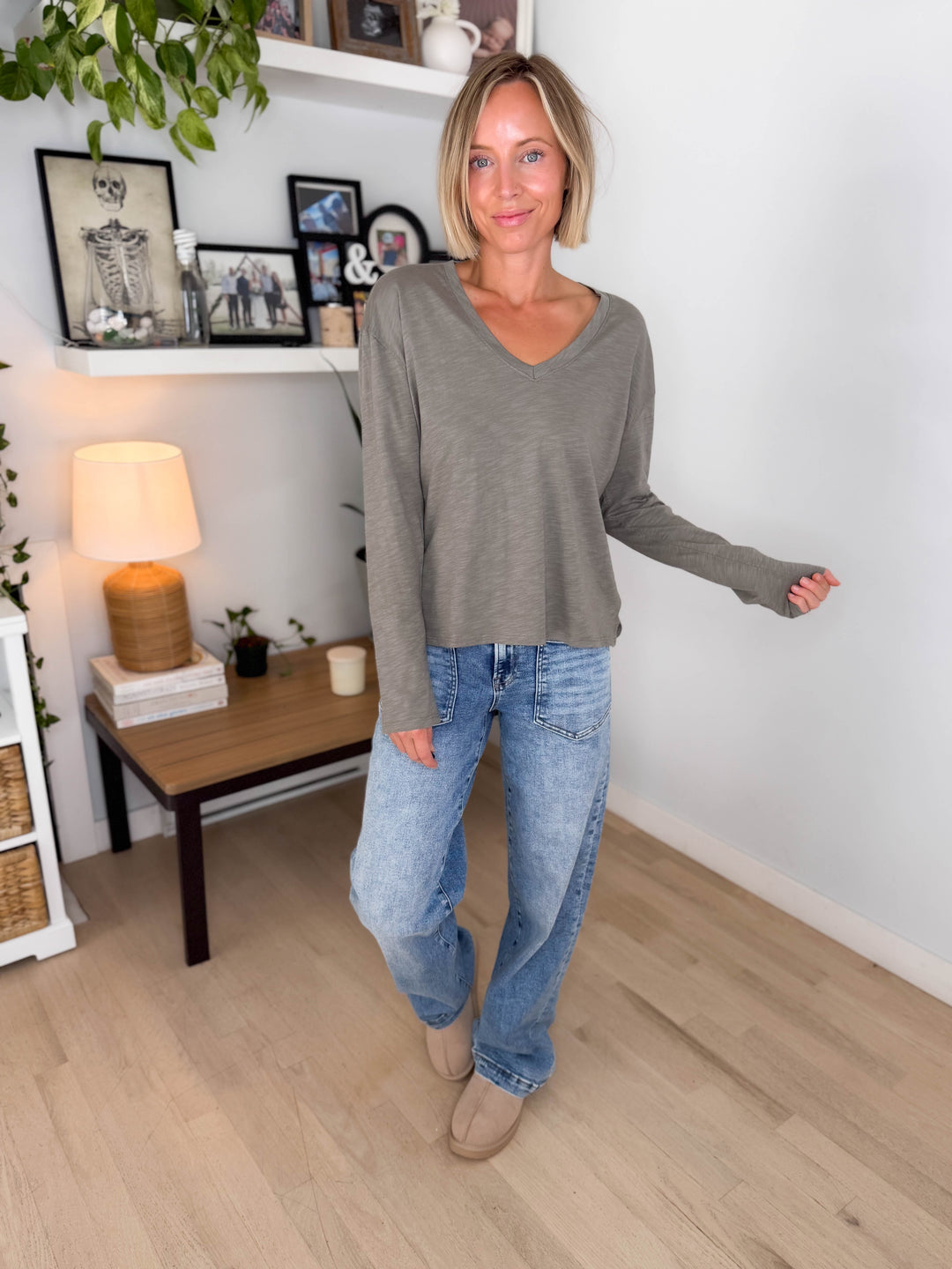 Lumiere Modal Slub V-Neck Drop Shoulder Shirt- DUSTY OLIVE