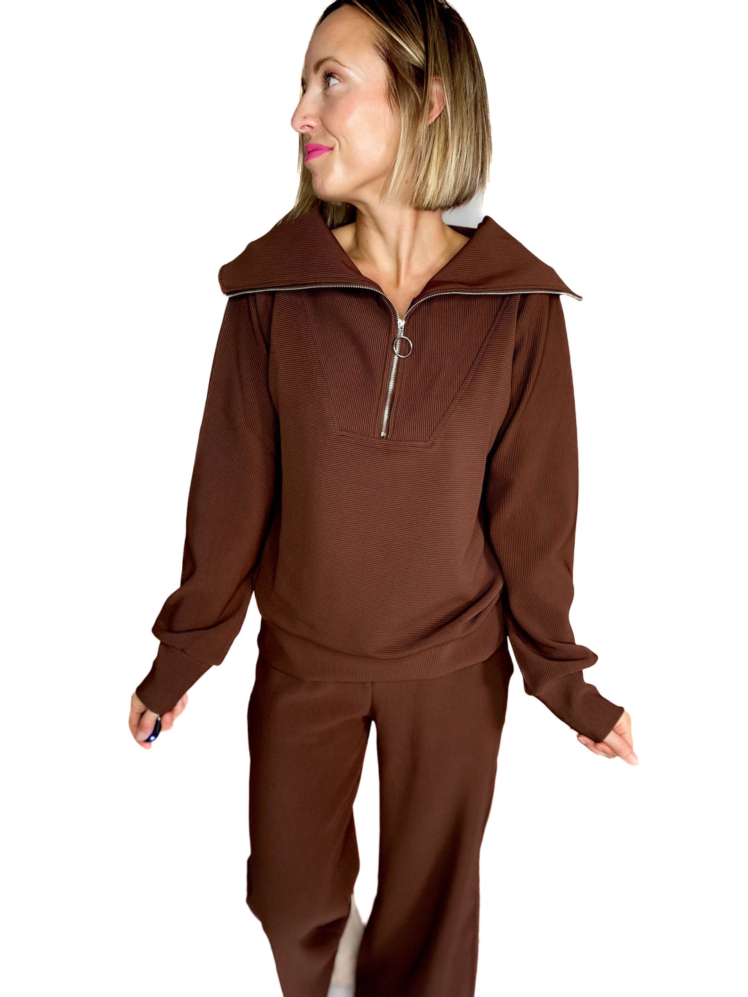 Cider Run Ribbed 1/2 Zip High Neck Set- BROWN-FINAL SALE
