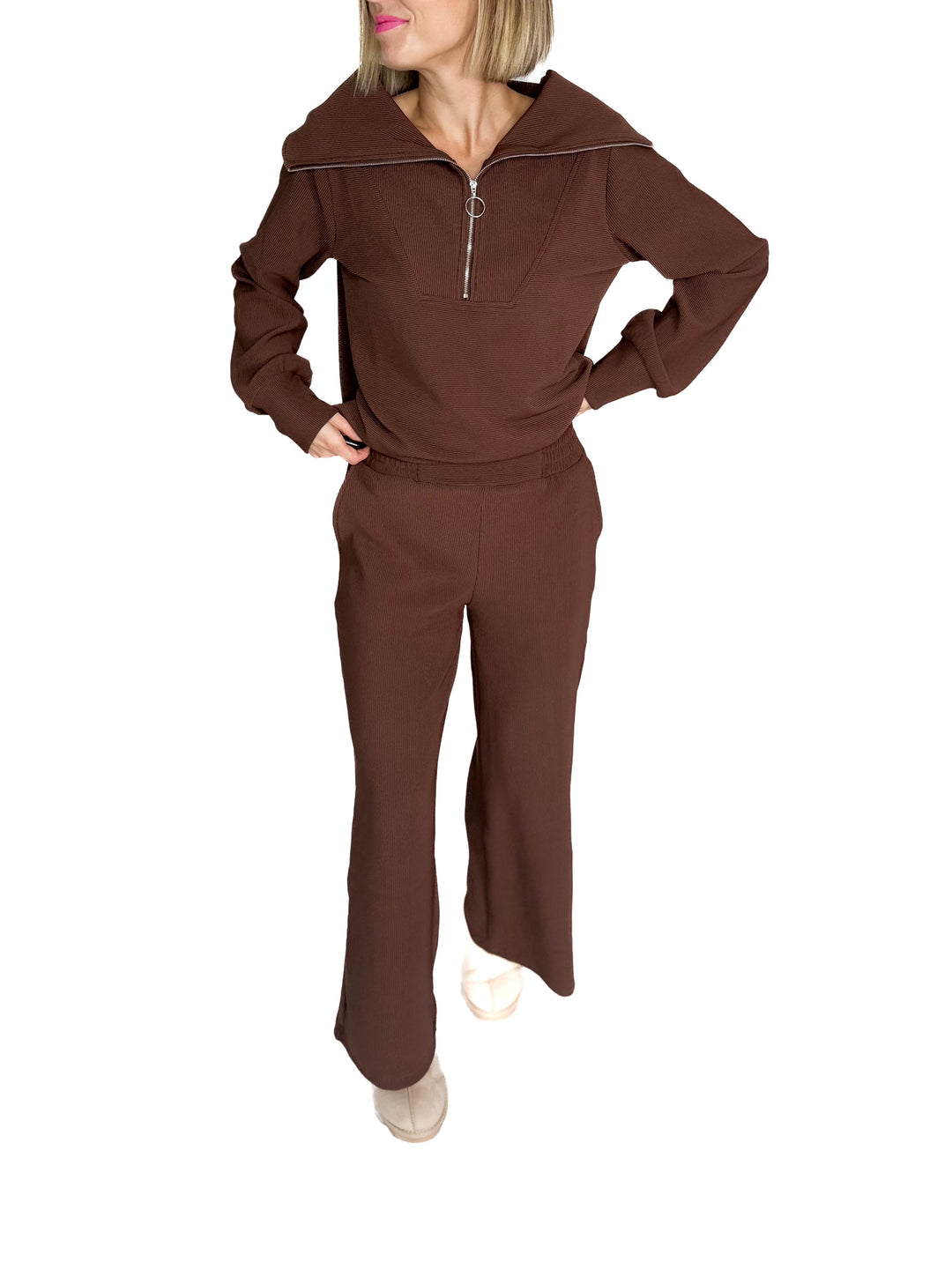 Cider Run Ribbed 1/2 Zip High Neck Set- BROWN-FINAL SALE