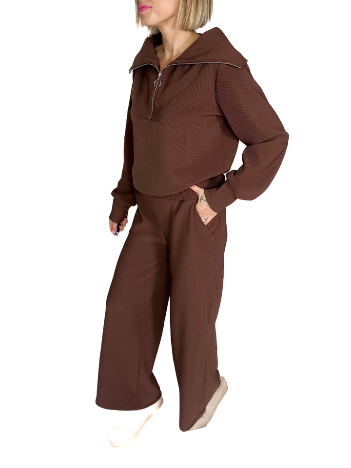 Cider Run Ribbed 1/2 Zip High Neck Set- BROWN-FINAL SALE