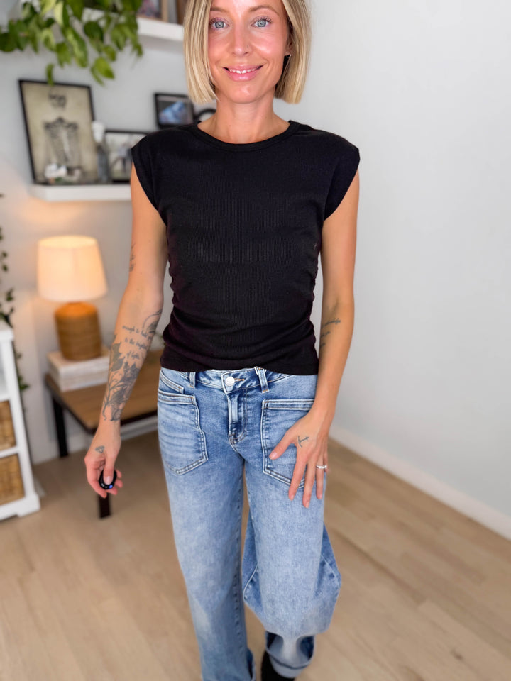 Foxvale Terry Rib Side Ruched Muscle Top- BLACK