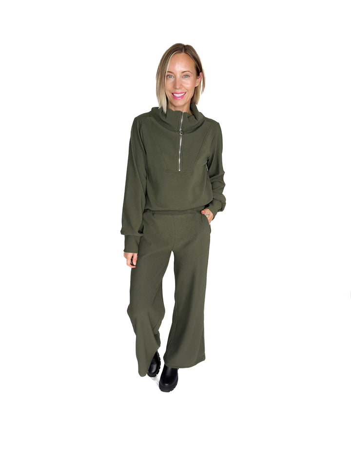 Cider Run Ribbed 1/2 Zip High Neck Set- DARK OLIVE-FINAL SALE