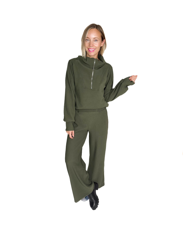 Cider Run Ribbed 1/2 Zip High Neck Set- DARK OLIVE-FINAL SALE