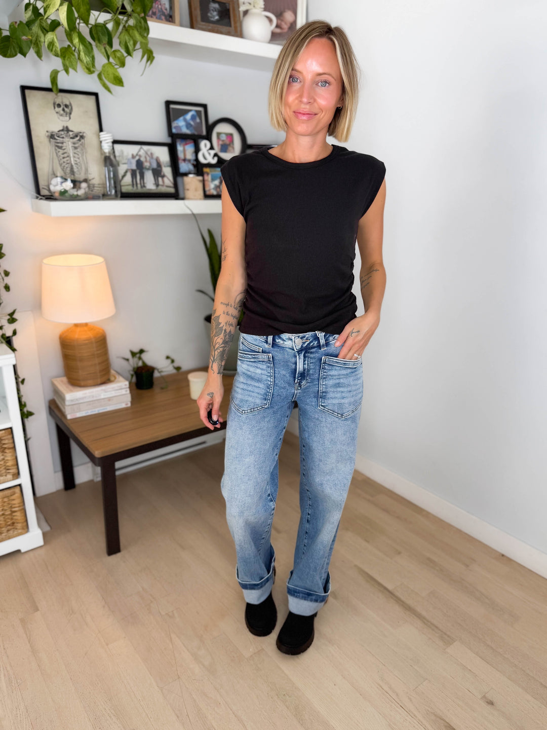 Foxvale Terry Rib Side Ruched Muscle Top- BLACK