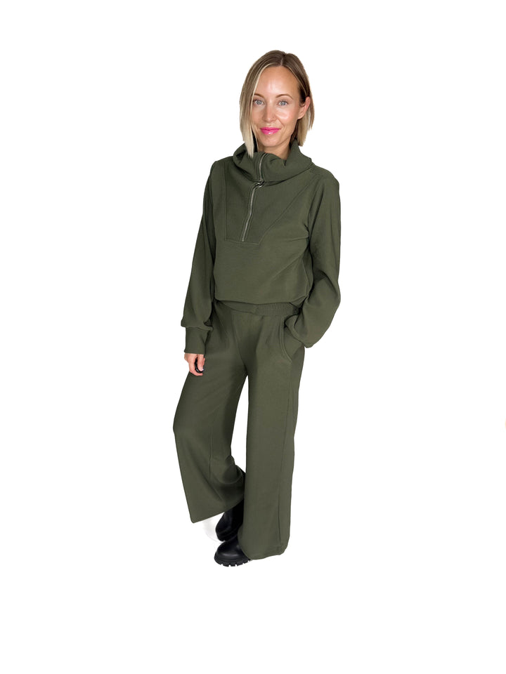 Cider Run Ribbed 1/2 Zip High Neck Set- DARK OLIVE-FINAL SALE