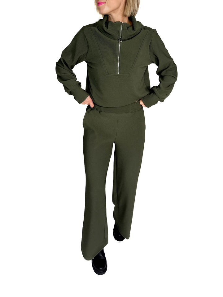 Cider Run Ribbed 1/2 Zip High Neck Set- DARK OLIVE-FINAL SALE